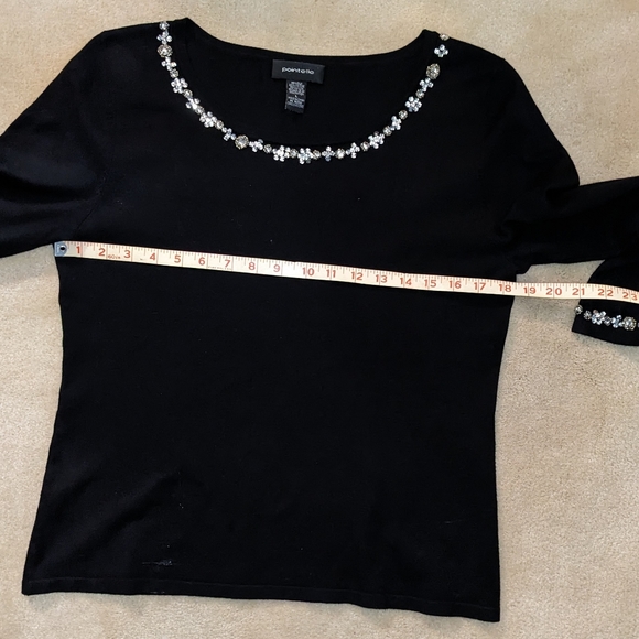 Women's Pointelle Silk/Viscose Blend Bedazzled Black Top, Classic, Event, Sz‎ L - Picture 5 of 7
